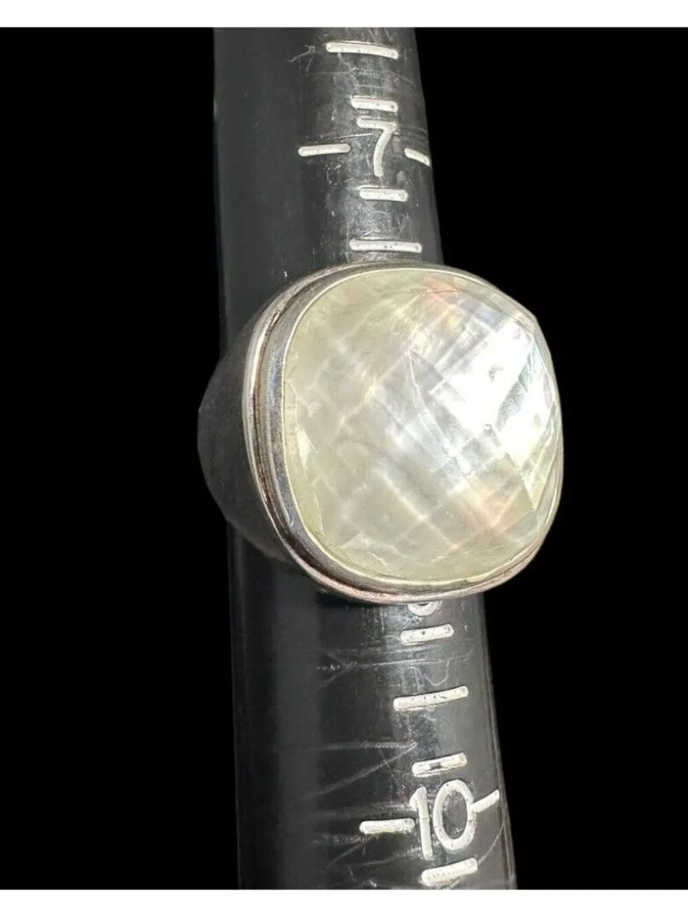 925 FAS Faceted Quartz Mother of Pearl Dome Cocktail Wide Ring Size 8.25